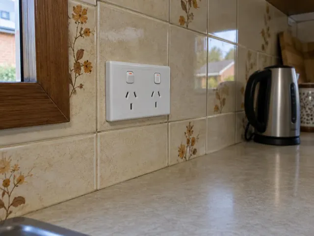 Double power point on a tiled kitchen splashback beside a benchtop and kettle in Warners Bay